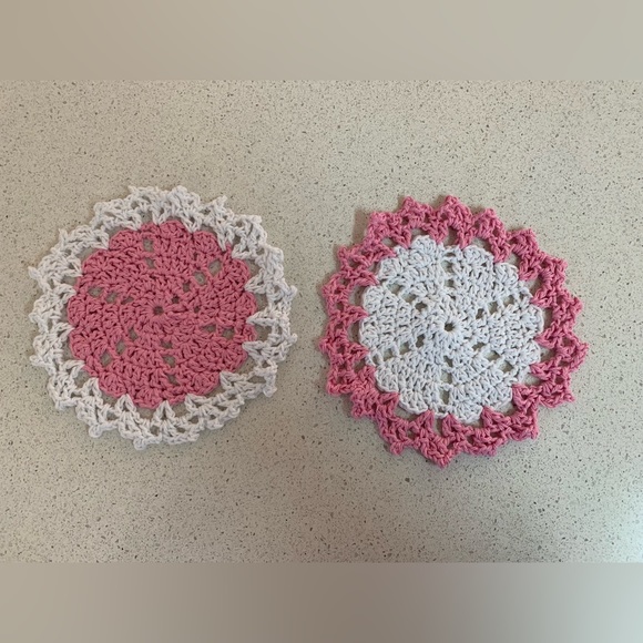 Hand Crafted Other - Valentine Hearts Little Doilies New Two Pink and White Handmade Crochet